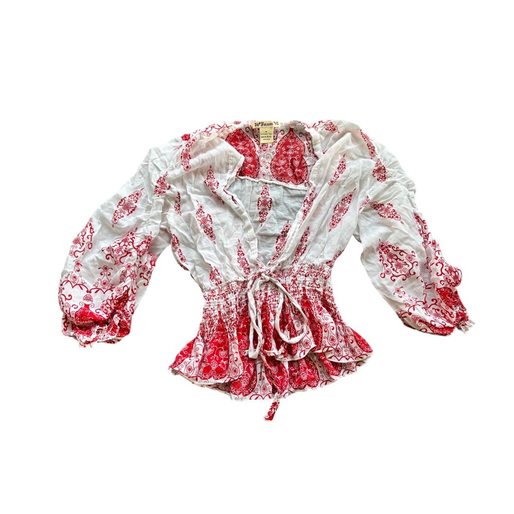 Forever 21 Red White Paisley Smocked Peplum Blouse Boho Balloon Sleeve Small